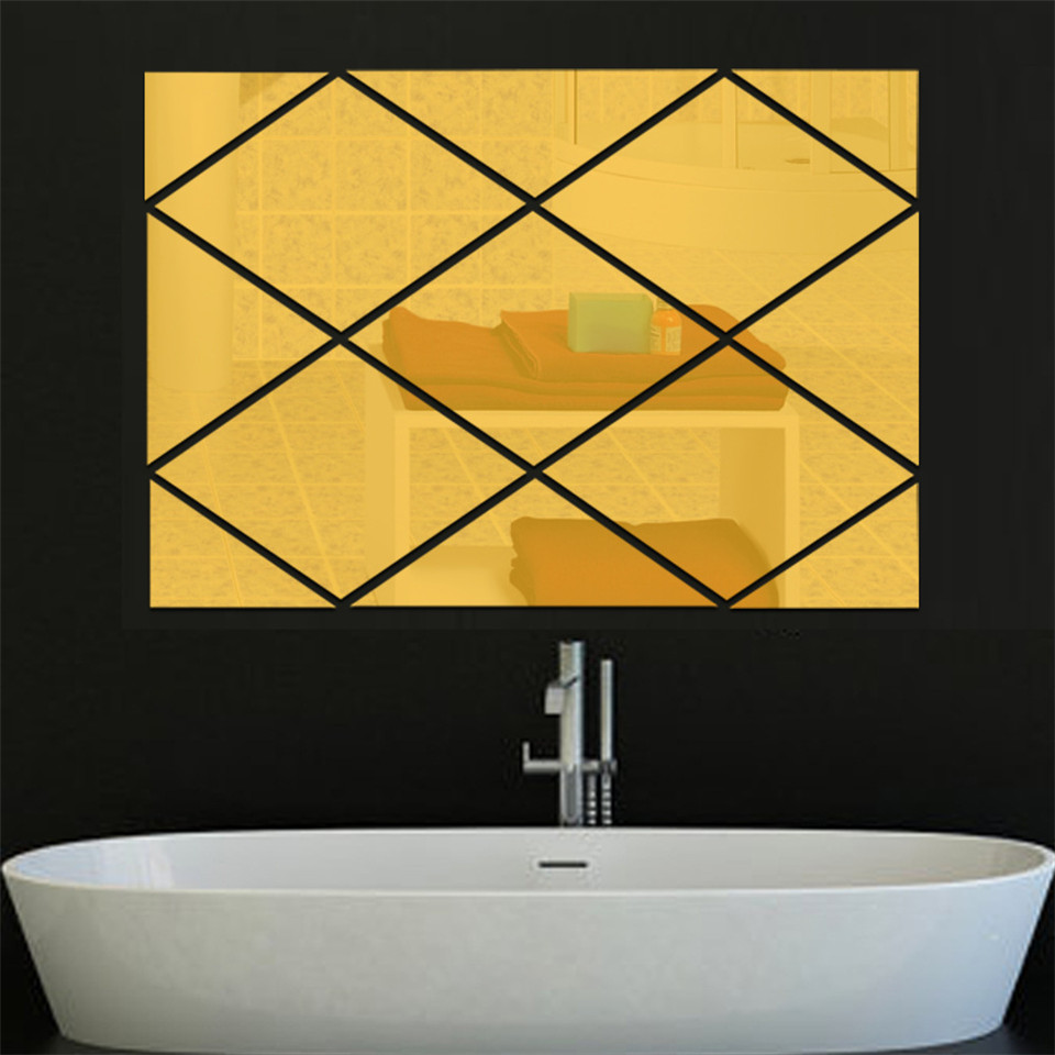 13 Stks/set Moderne Ruit Muur Spiegel Sticker Voor Badkamer Tv Achtergrond Milieuvriendelijke Ps Decal Home Decor Adhsive Behang: Golden