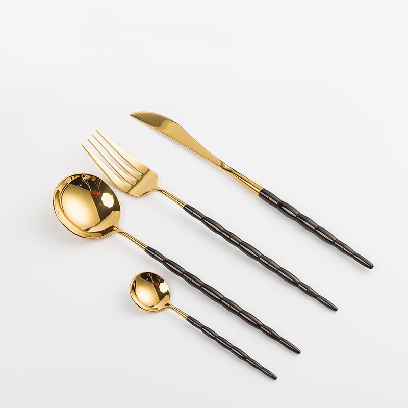 Europæisk bambus bestik kniv gaffel og ske sæt 304 rustfrit stål bøf kniv og gaffel husholdning tallerken kaffeske: Gylden og sort