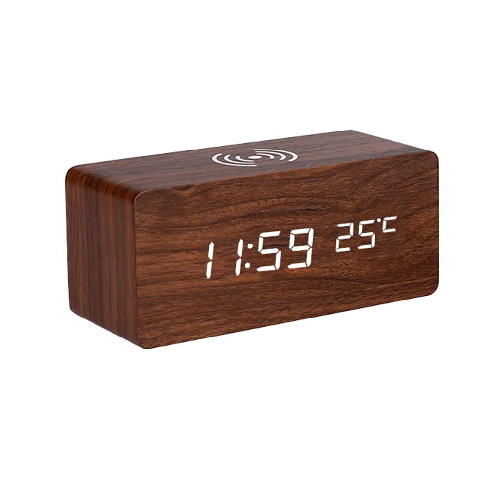 Moderne Houten Hout Digitale Led Desk Wekker Thermometer Draadloze Oplader Met Qi Draadloze Opladen Pad Wekker Led: Default Title