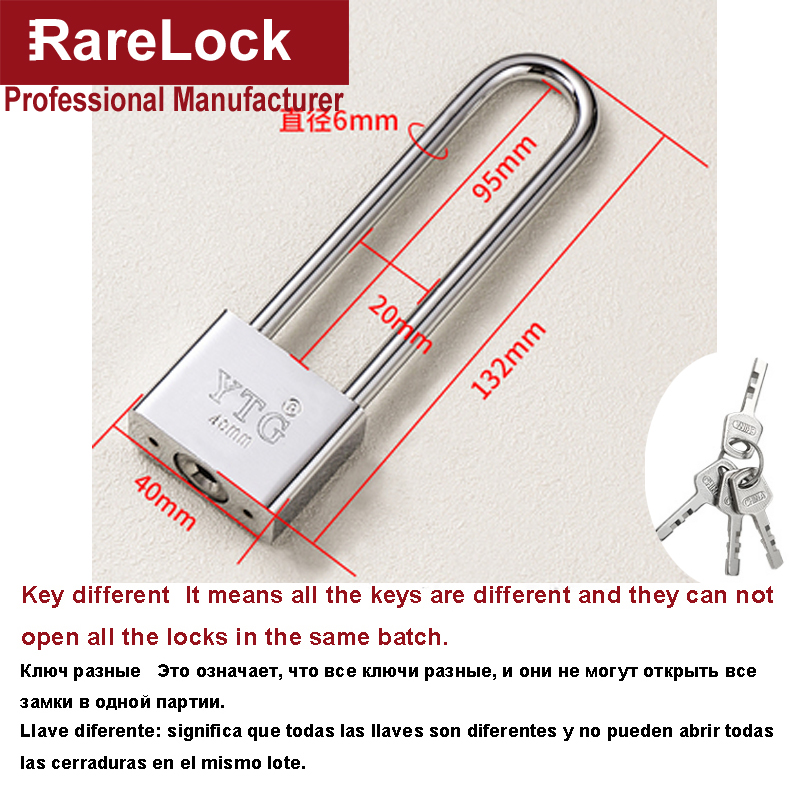 Long Handle Padlock Key Lock 30-70mm for Garden Gate Warehouse Bicycle Cabinet Shop Door Office DIY Rarelock MS463 h: 40mm Key different