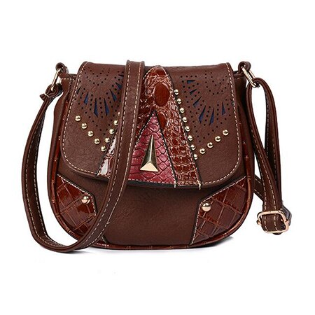 Bolso de hombro clásico de estilo nacional para mujer, de piel sintética, con remaches, para mujer: dark brown