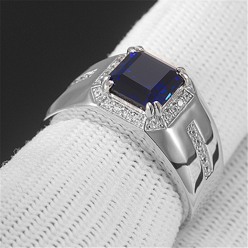 Classico quadrato di cristallo blu zaffiro pietre preziose anelli di diamanti per gli uomini oro bianco argento colore bague gioielli accessori regali