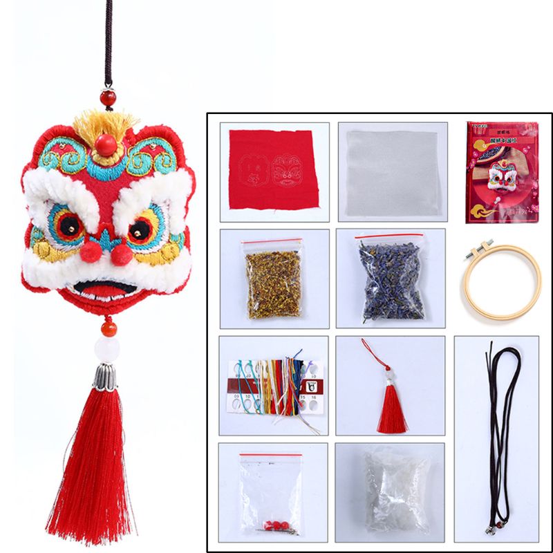 Chinese Lucky Fortune Lion DIY Embroidery Hoop Kit Handmade Sachet Material Bag: Red