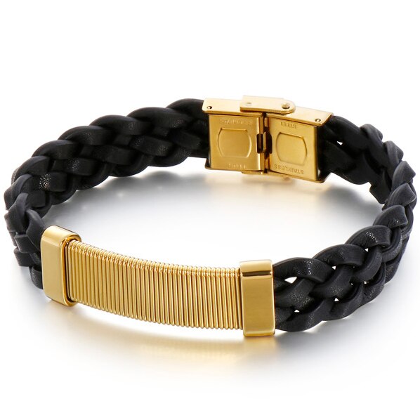 Vintage sieraden, gouden roestvrijstalen polsbandjes voor jongens, 13mm brede gevlochten leren armbanden voor mannen, zwarte armbanden: Gouden kleur