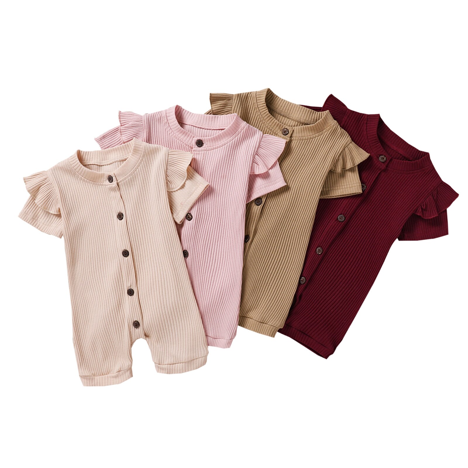 Combinaisons d'été pour tout-petits, barboteuses côtelées à manches courtes et col rond de couleur unie pour bébés filles de 0 à 18 mois