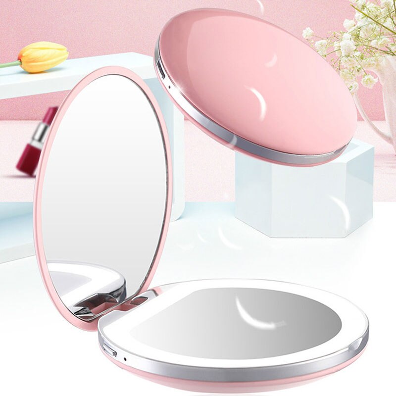Mini espejo LED portátil luminoso espejo de maquillaje de carga USB con lámpara de maquillaje chica llevar espejo pequeño redondo para mujeres S1