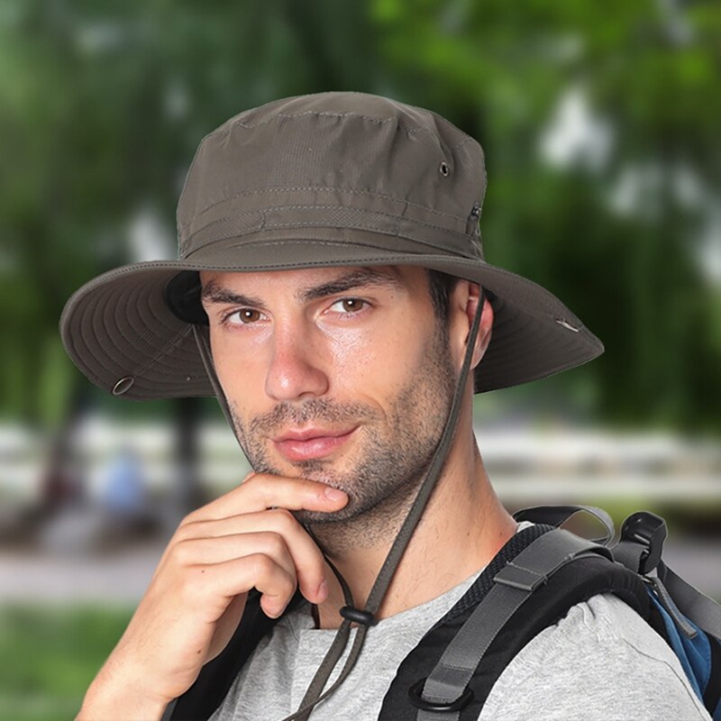 Gorro de pescador de secado rápido, ajustable, resistente al agua, con cuerda para Barbilla, sombrero de cubo de escalada: QJ2434JG