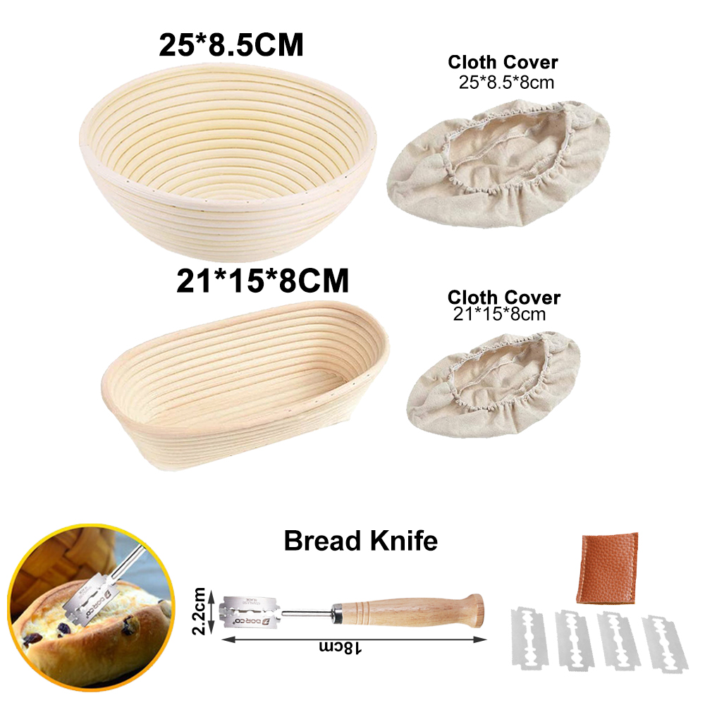 Rattan Banneton Bread Proofing Proving Baskets Set Round /Oval Natural Rattan Fermentation Basket Dough Wicker Rattan DIY Tool: 2 PCS Set D