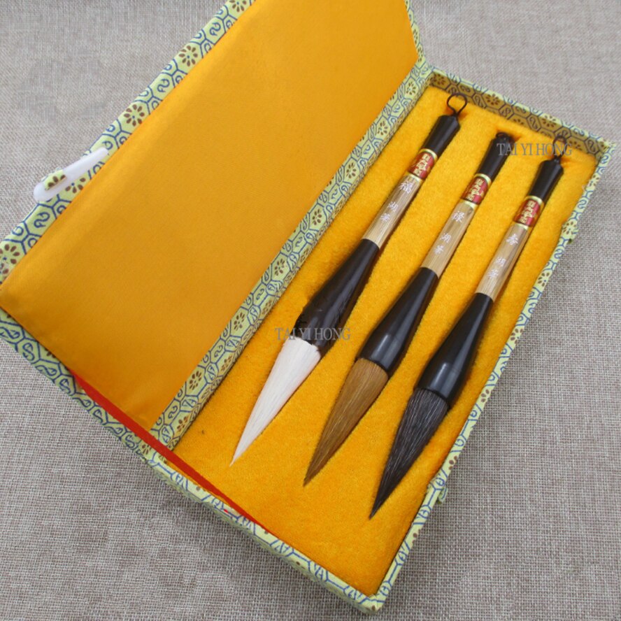 3pcs/set China calligraphy brush pen set weasel hair writing brush ink pen painting Hopper-shaped brush box set