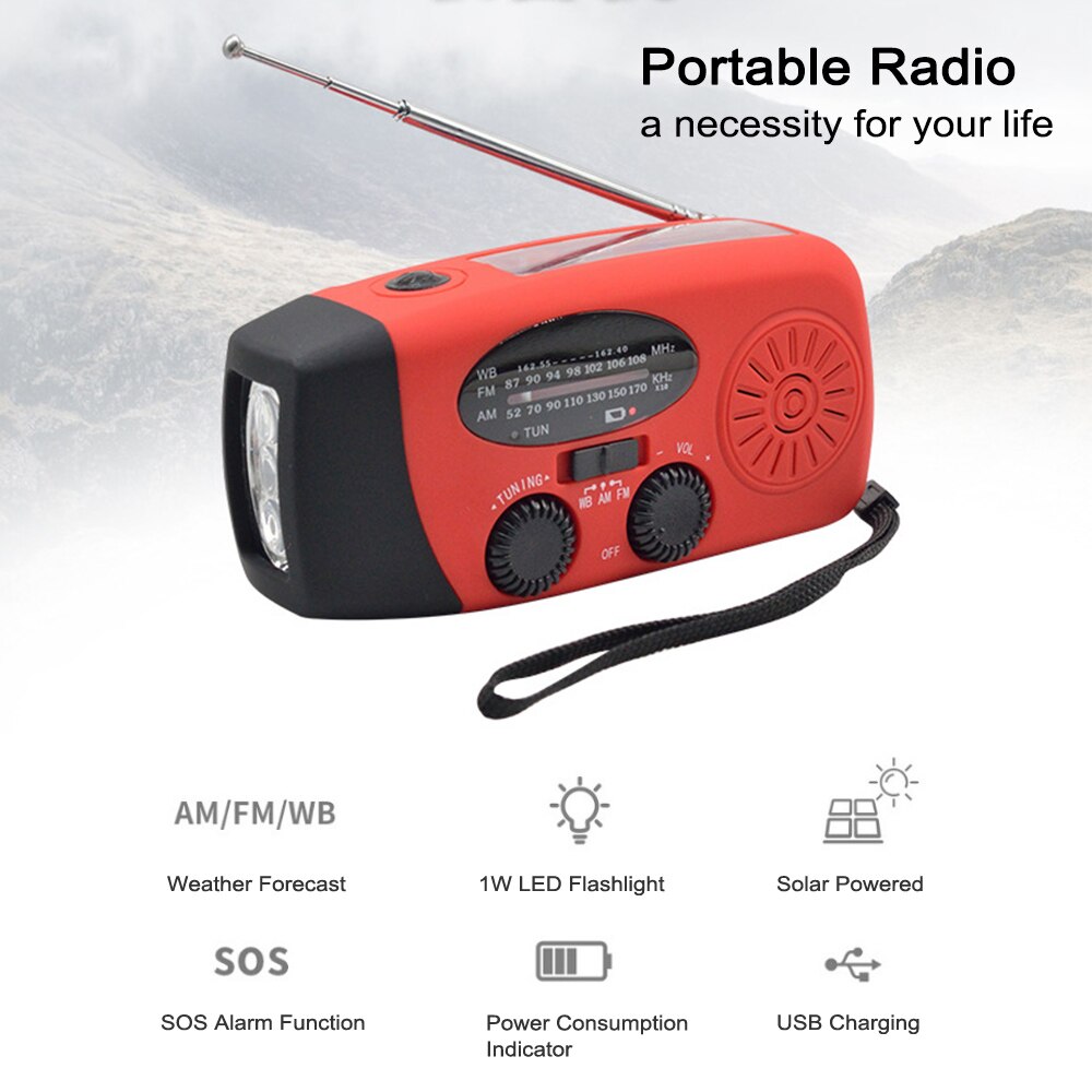 Multifunction Portable Radio AM/FM Flashlight NOAA Weather Mobile Power Source for Emergency Solar Powered Crank Handheld Radio