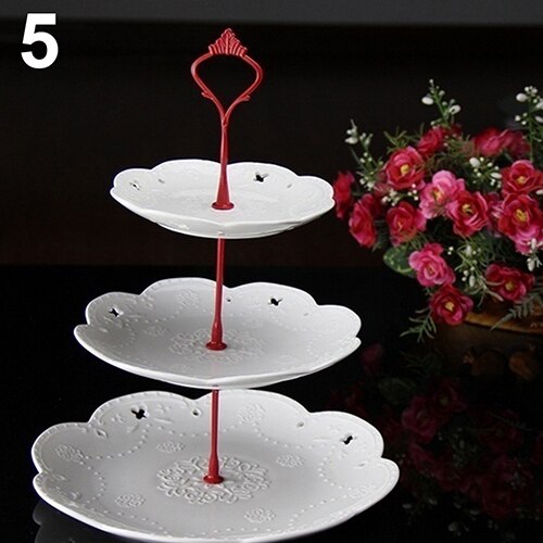 Soporte de 3 niveles con mango de soporte para bandeja de pastel, decoraciones de mesa para fiestas, postre, estante para platos, bandeja de fruta: Rojo