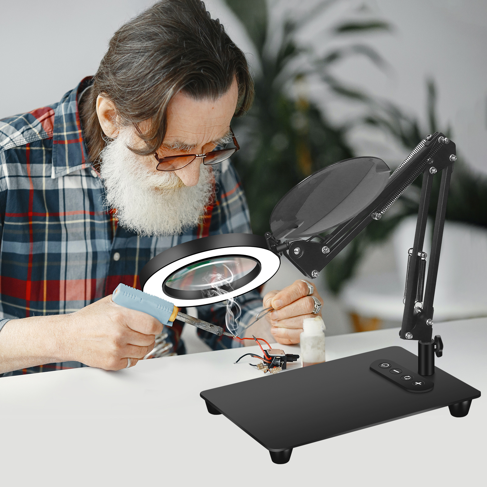 Magnifying Glass with Light and Stand 5X Magnifying Lamp with 5 Color Modes Stepless Dimmable Adjust Swivel Arm Desk Magnifier