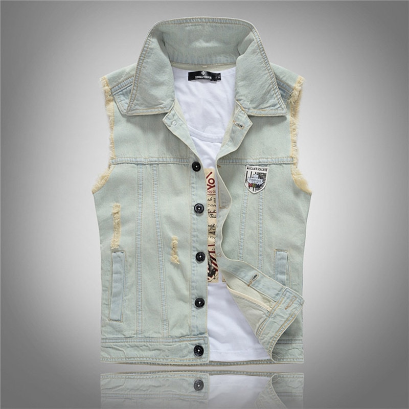 Stijlvol, cool heren lichtblauw denim vest gewassen vintage gescheurd distressed vest mouwloos jeansjack voor heren