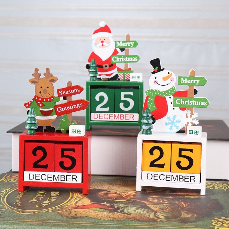 Wooden Christmas Advent Countdown Calendar With Painted Blocks Home Ornament Decor Santa Claus Snowman Reindeer Pattern