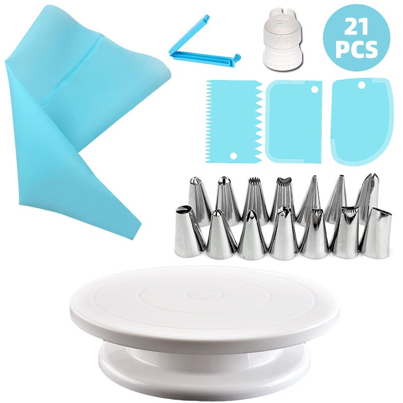 21pcs Fondont Cake Decorating Tools Plastic Cake Turntable Set Silicone Pastry Bag Piping Nozzle Kit Baking Accessories