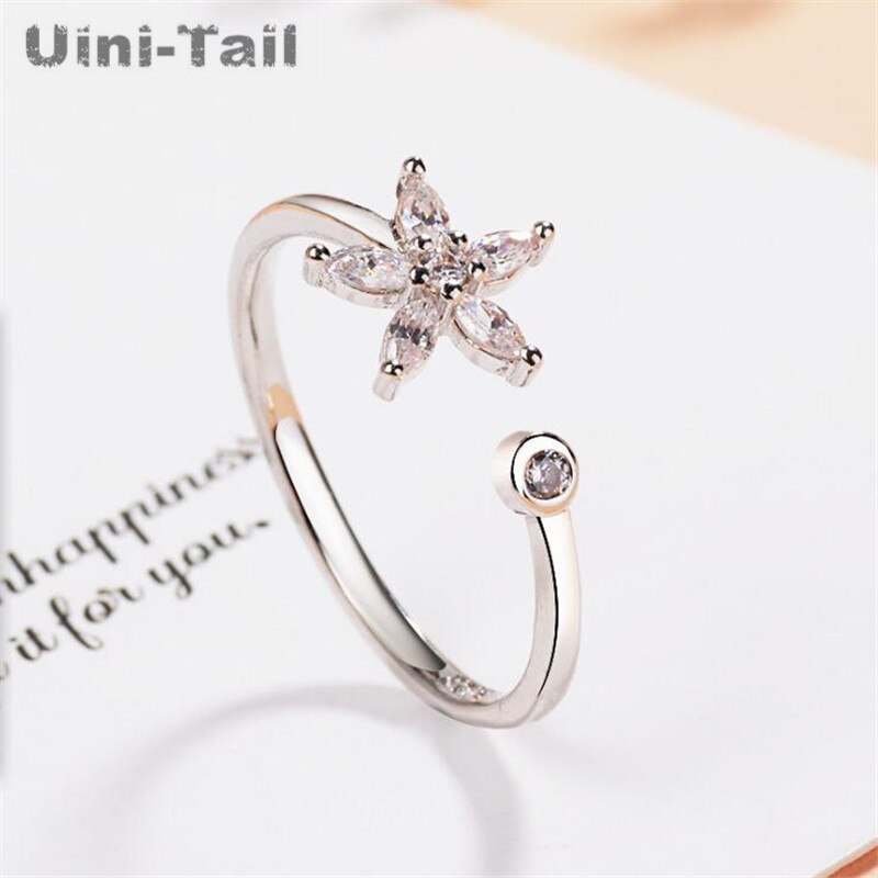 Uini-tail 925 sterling zilveren vijfbladige bloem micro inlay open ring eenvoudige persoonlijkheid niche
