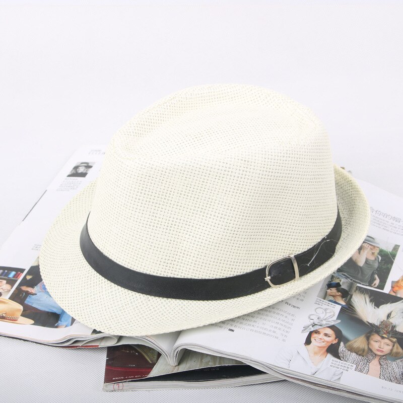 Jazz männer Hut Woven Stroh Sonnenschirm Hut Lässig Hut Gürtel Schnalle Strand Hut Stroh Sonnenhut Weiß Hochzeit Schwarz Gürtel frauen Fedoras Gorro: NO.1-Beige White