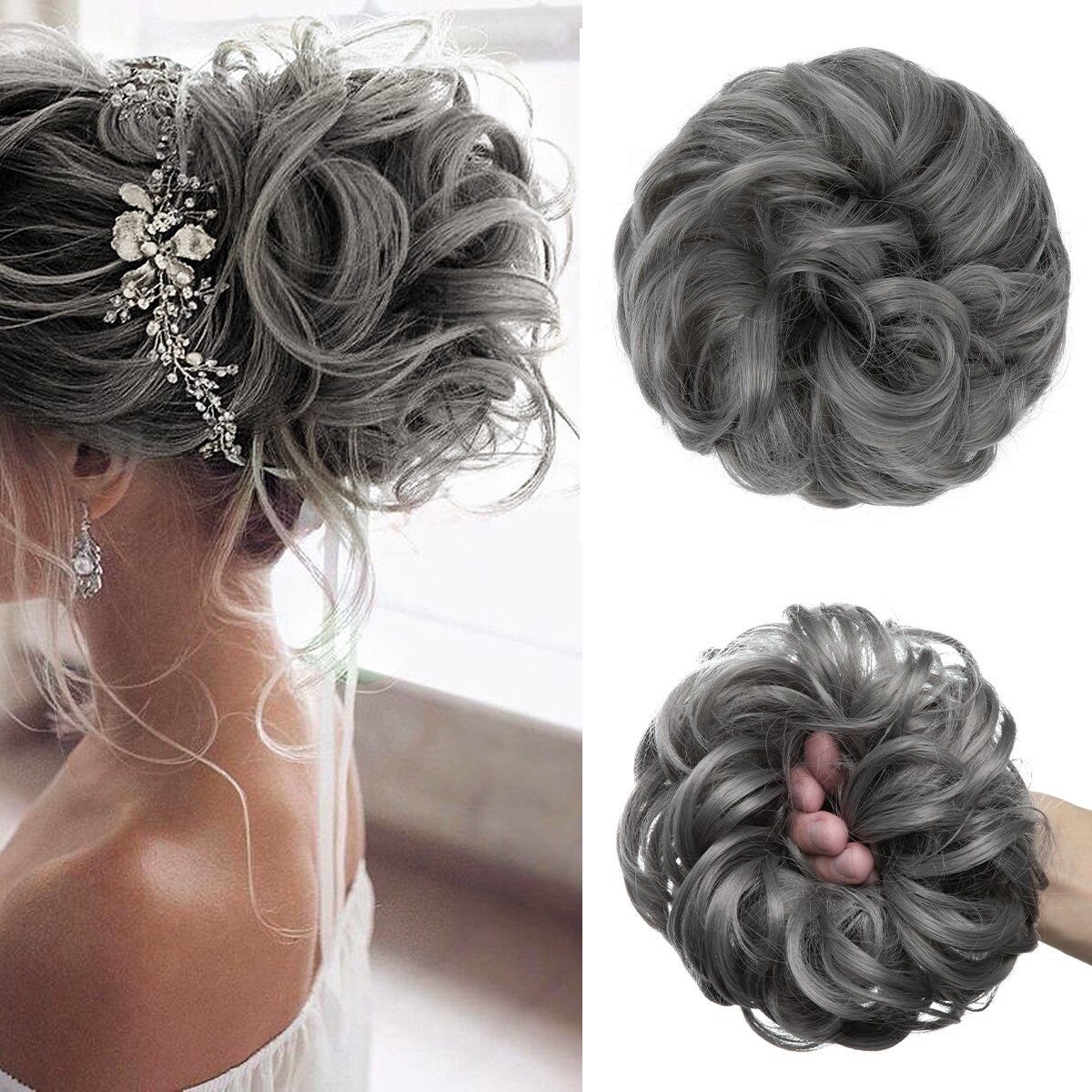 Extensiones de moño de pelo sintético desordenado, moño grande y rizado, gomas para el pelo elásticas, postizos, Donut Updo, piezas de cabello para mujer: #1B