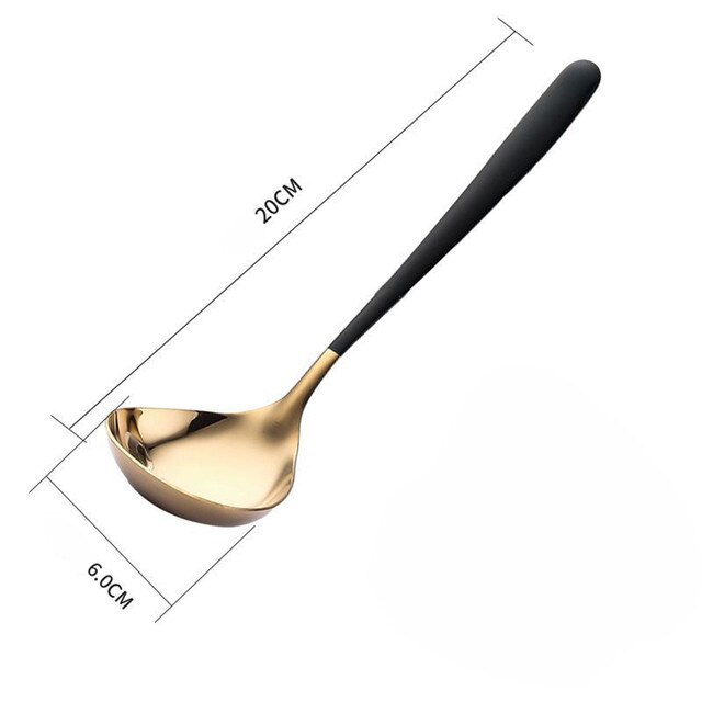 Long Handle Stainless Steel Spoon Dessert Rice Soup Spoon Teaspoon Cooking Spoons Kitchen Accessories Home Silverware Gadgets: black gold