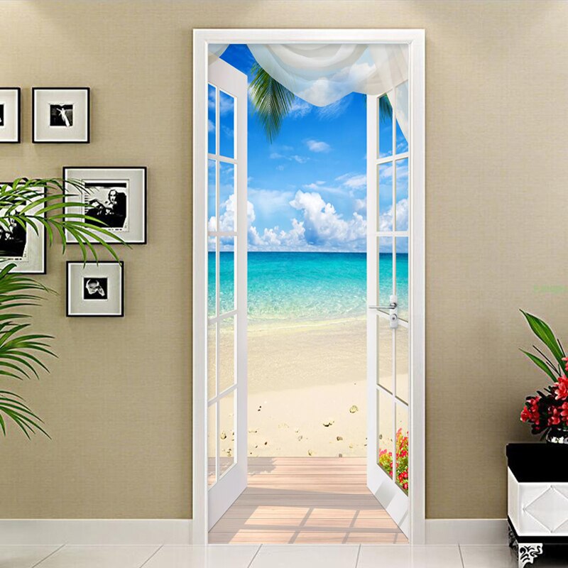 PVC Self-adhesive Door Sticker Window Sandy Beach Seascape 3D Photo Wallpaper Mural Living Room Bedroom Door Decoration Stickers: 95x215cm