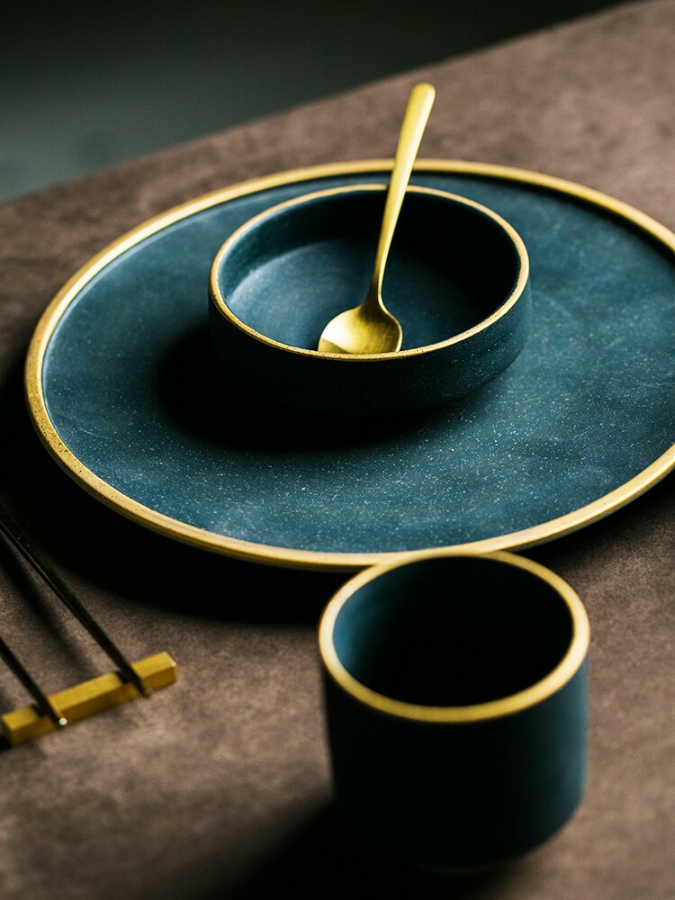 Dark Green Ceramic Plates Dinnerware Set Gold Inlay plate SOUSPLAT Mug Double Ear Bowl