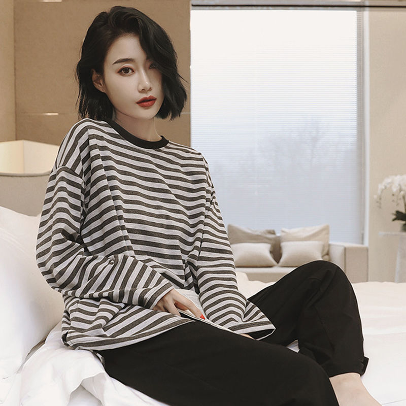 QWEEK Pajamas for Teen Girls Striped Solid Color Loungewear Soft and Loose Home Clothes Bedroom Set Pyjamas Pijamas Autumn Gray