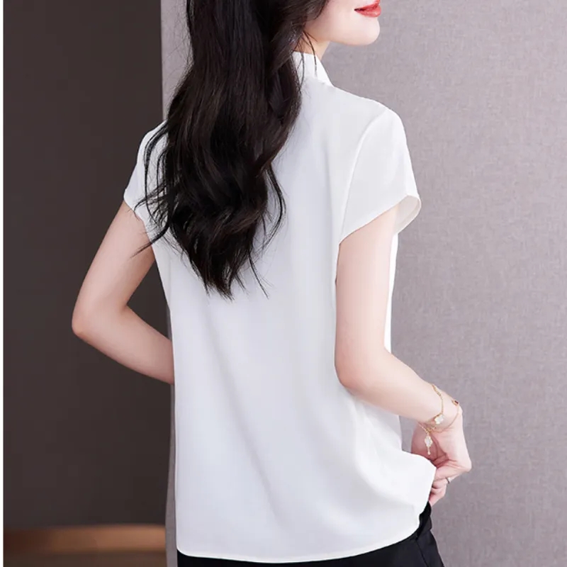 Blusa con pajarita para mujer, blusas elegantes OL, Tops de satén para mujer, ropa femenina de seda, blusa de manga corta de coreana 2023