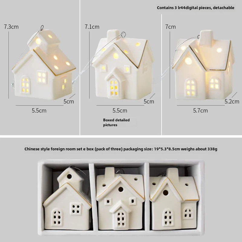 Keramisk julepyntsett med 3 glødende snøhuspynt små scenedekorasjoner til hjemmekontor: Svart