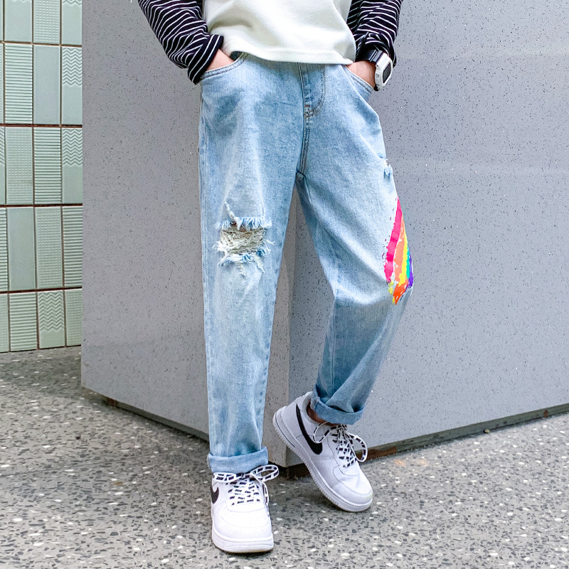 Pantalones vaqueros con estampado de arcoíris para niños, Jeans informales, rasgados, ropa de para niños de 3 a 12 años, primavera 2022