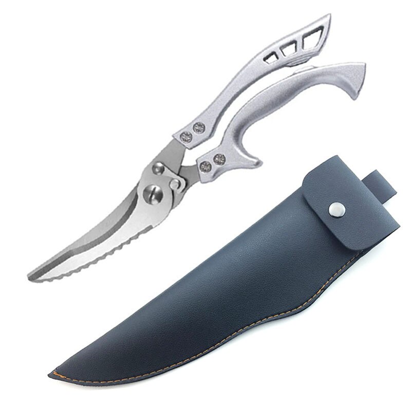 Kitchen Powerful Chicken Bone Scissors Chicken Duck Fish Cutter Shears Stainless Steel Scissors Scale Clean Cook Scissors Knife: Black Leather case