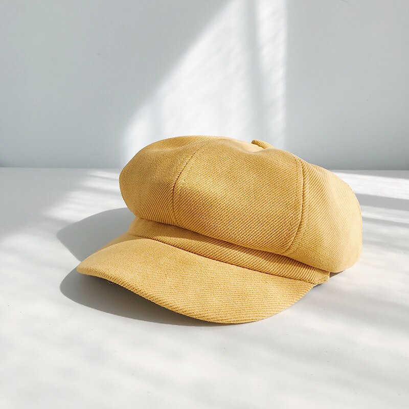 Gorro octogonal de algodón de otoño, gorros de boina para mujer, gorras estilo vendedor de periódicos lisas, boinas de estilo británico para mantenerse para mujer: yellow