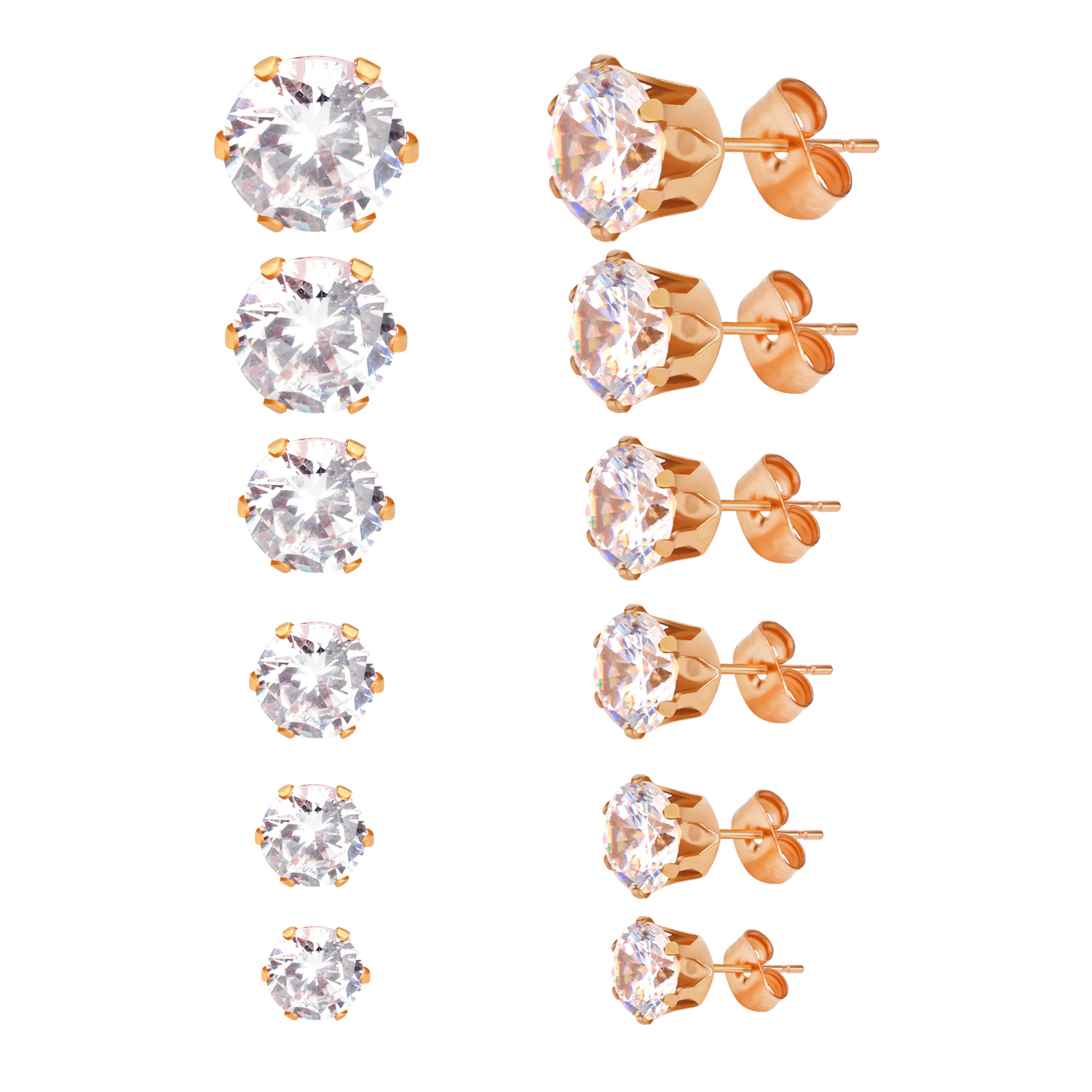 LUXUSTEEL 6 Paare/einstellen CZ Ohrstecker Edelstahl rund weiß Zirkonia hypoallergen 6 Krallen Ohrring trendiger Schmuck: Rhodiniert