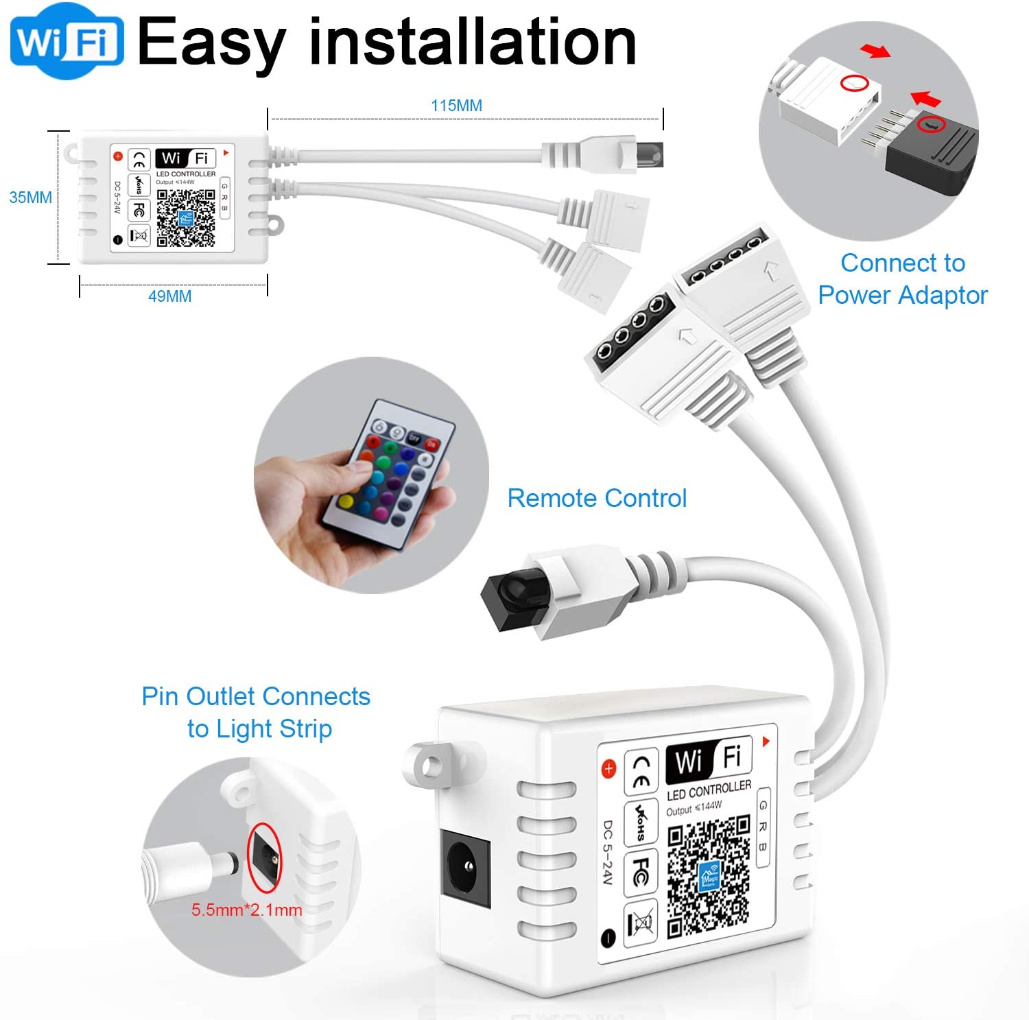 Smart WiFi LED Strip Light Controller, 2 in 1 DC5V-24V 6A with Remote, Compatible with Alexa Google Home and Siri