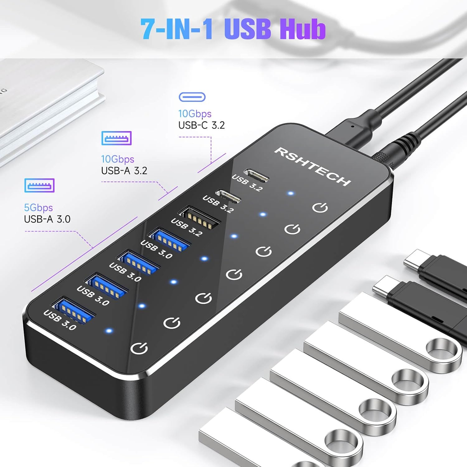 RSHTECH 7-portowy koncentrator USB C z portami USB-C 3.2 10 Gb/s Indywidualne przełączniki dotykowe Zasilacz 5 V/3 A Rozdzielacz USB do laptopa
