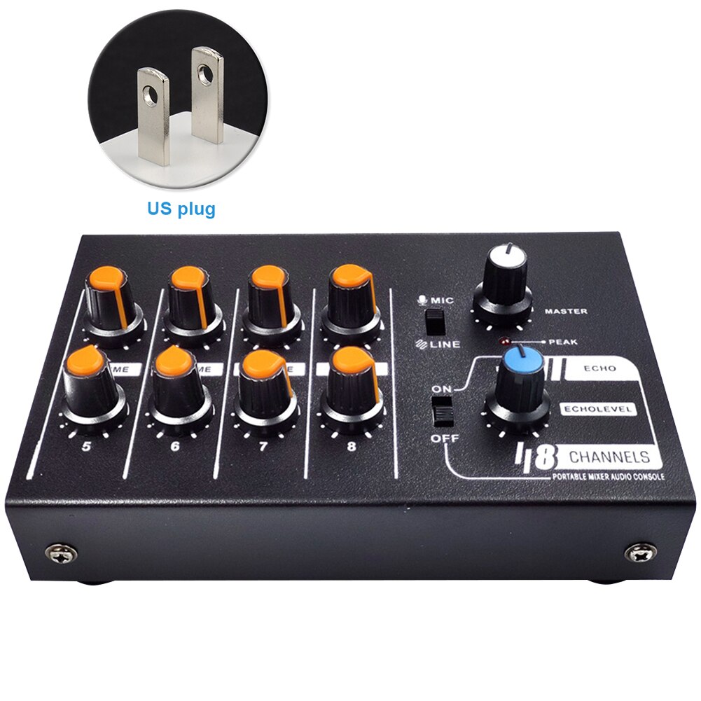 Switchable Mini Portable Party 8 Channels Mono Metal Black Mixing Console Audio Mixer Home DJ Karaoke Low Noise: US