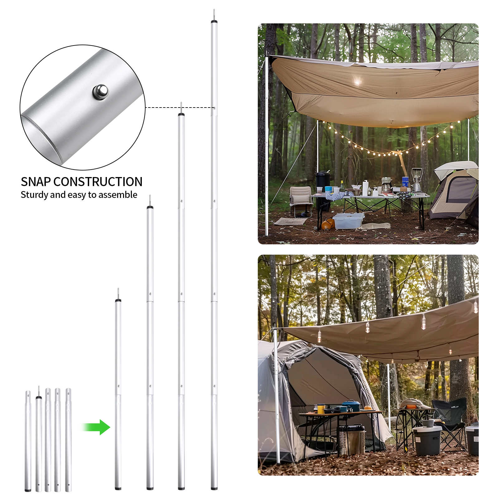 Aluminum Alloy Tent Pole Adjustable Camping Tarp Poles Telescoping Portable Lightweight Support Rods for Shelter Canopy Awning