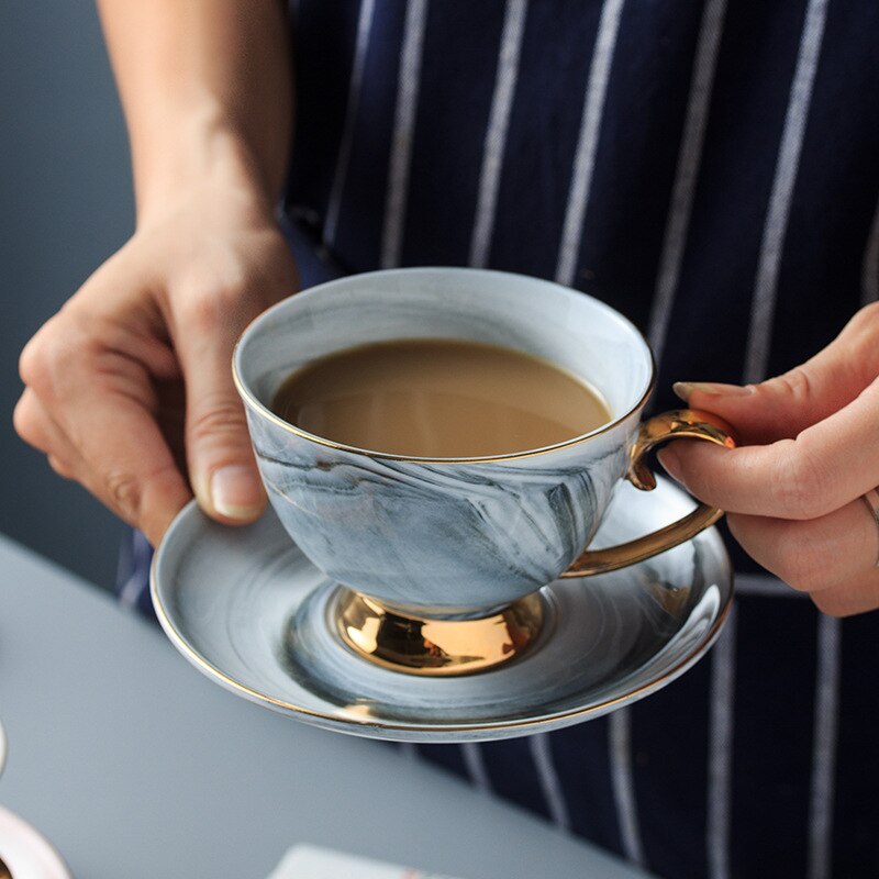 Marmor kaffekop og underkop sæt med glod håndtag keramisk te vand kop porcelæn genanvendelig latte cappuccino kopper 230ml