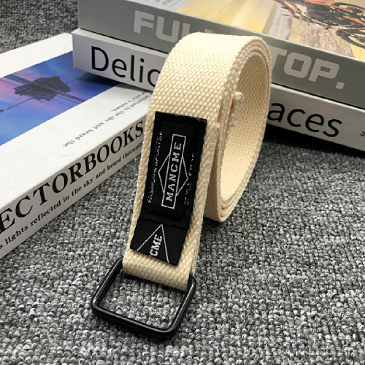 Cinturón de lona tejido con doble hebilla a la de 120cm para mujeres y hombres, accesorios para cinturones deportivos: Beige
