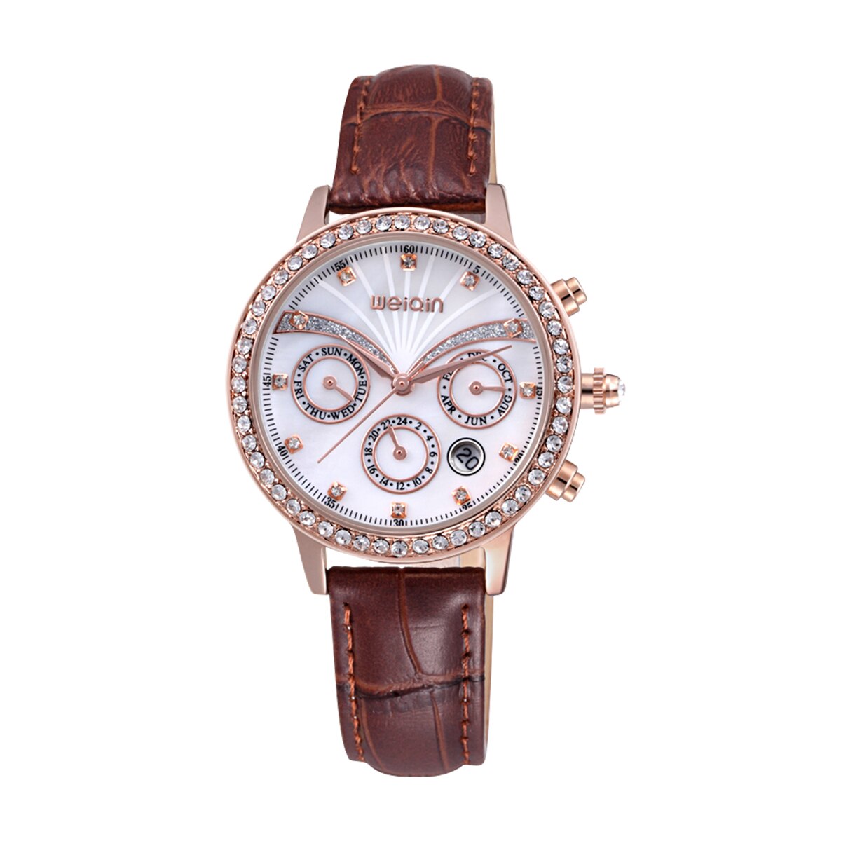 Nieuw Luxe Crystal Diamond Lady Sport Horloge Lederen Horlogeband Waterdicht Multi Functionele Quartz Horloge