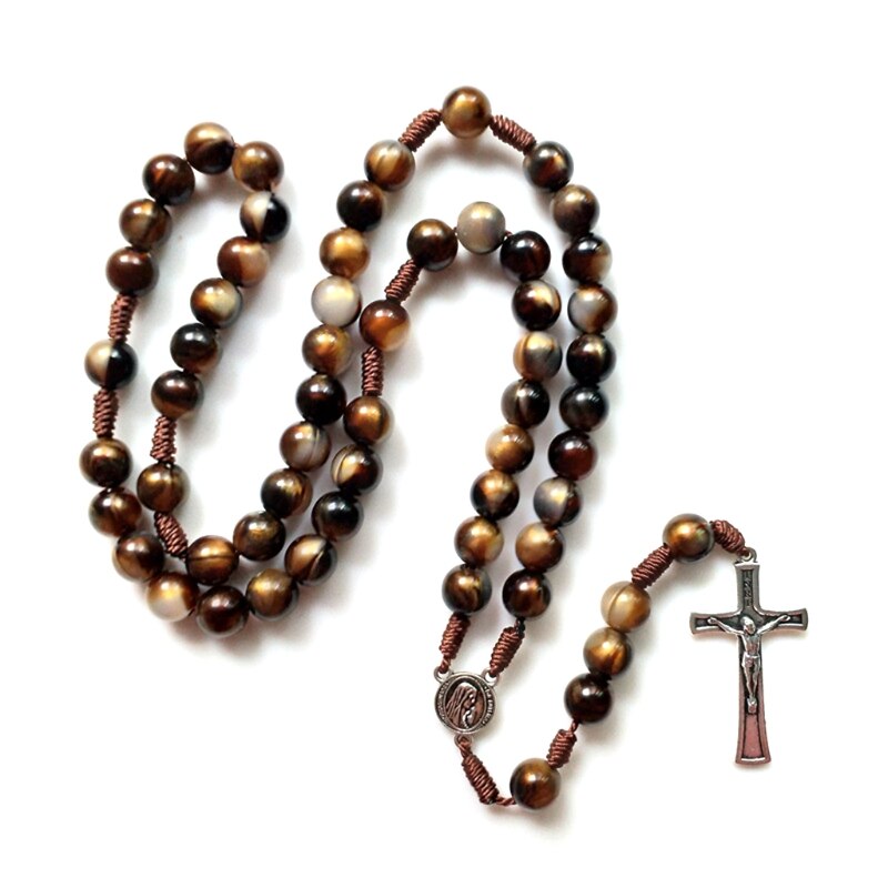 Retro rosenkrans pärlor halsband för kvinnor kors jesus hänge religiösa kristna smycken berlock: Retro brun