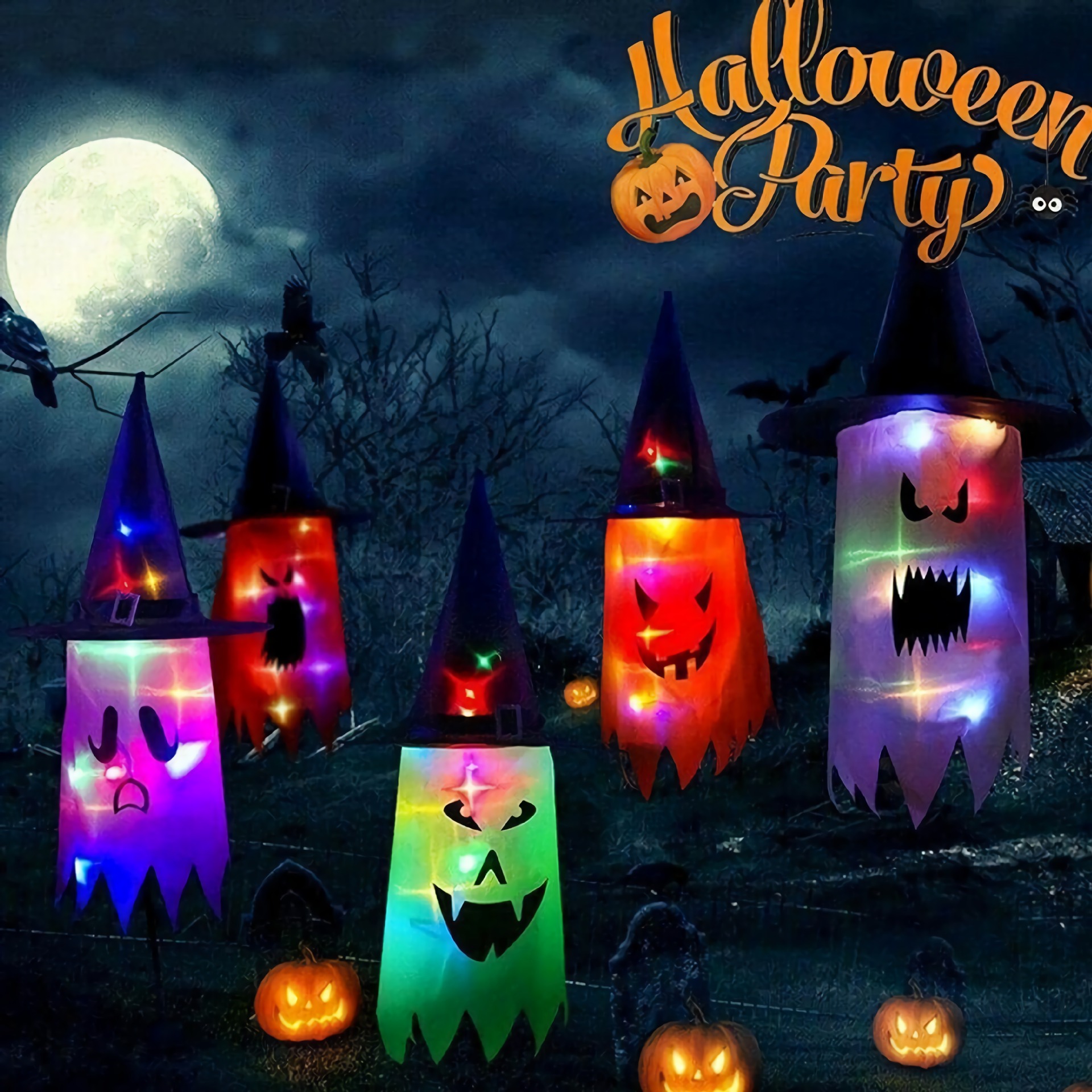 45-80cm led halloween-dekorasjon blinkende lys gypsophila spøkelsesfestival kle seg glødende trollmannsspøkelseshattlampe hengende dekor