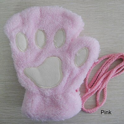 Kvinnor vinter varm katt-pad katt tasshandskar fingerlösa fluffig björn katt plysch tass tjejer cosplay handskar 1 par: Rosa