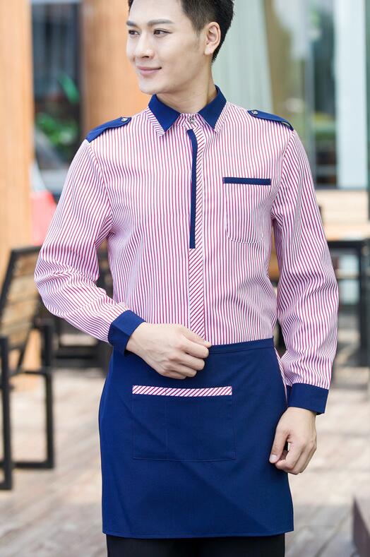 Work Wear Long Sleeved Autumn Winter Waiter Uniforms for Women and Men 2 Pcs Top / Apron: pink Men / L