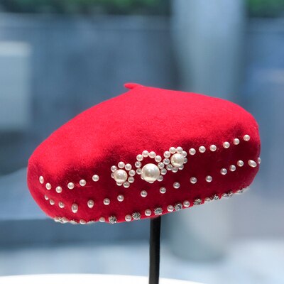 Béret noir rétro britannique pour femmes, automne et hiver, couleur pure, chapeau de peintre de perles en laine, chapeau de citrouille japonais à strass: red