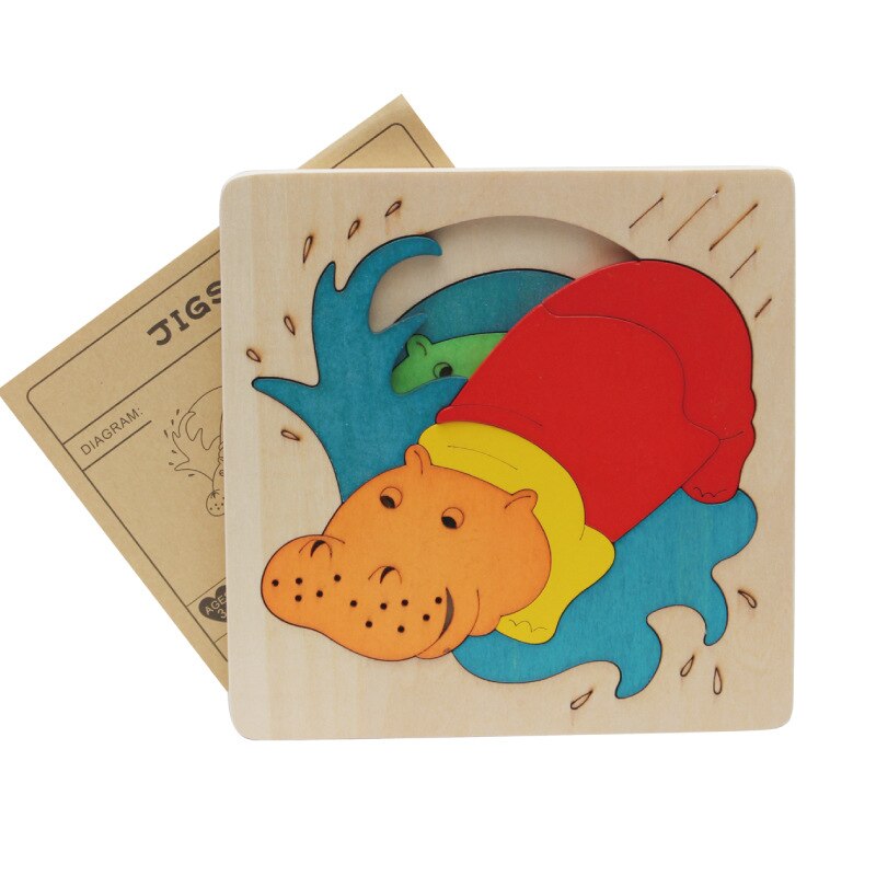 véritable Puzzle en bois jouets Transport d'animaux multi-imensionnel 3d Puzzle multicouche début éducatif pour les enfants: Hippo