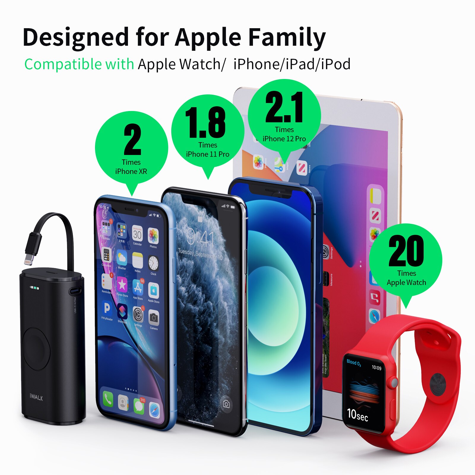 iWALK Portable Apple Watch Charger, 9000mAh Power Bank with Built in Cable, Apple Watch and Phone Charger, Compatible with Apple