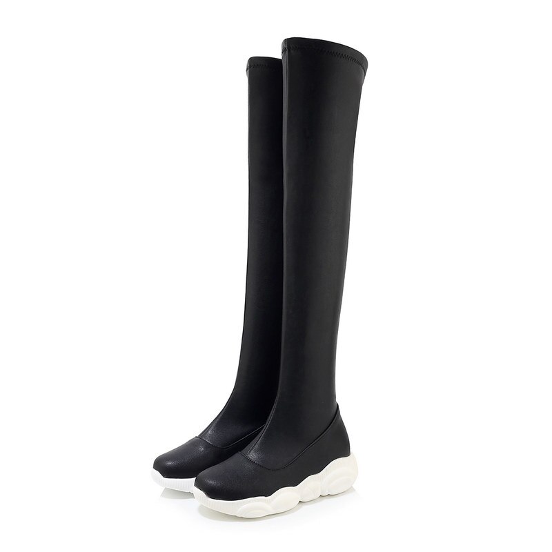 Tasslynn pu casual overknee laarzen sokken dames sneakers ronde neus rits dames laarzen winter platform laarzen: Zwart-pu / 3