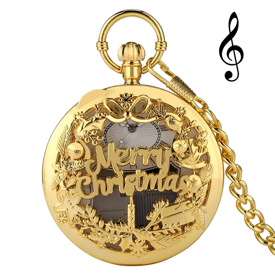 Reloj de bolsillo con movimiento Musical de plata de lujo, pulsera de mano de cuarzo con manivela para reproducir música, Fob, cadena colgante, de Año: gold