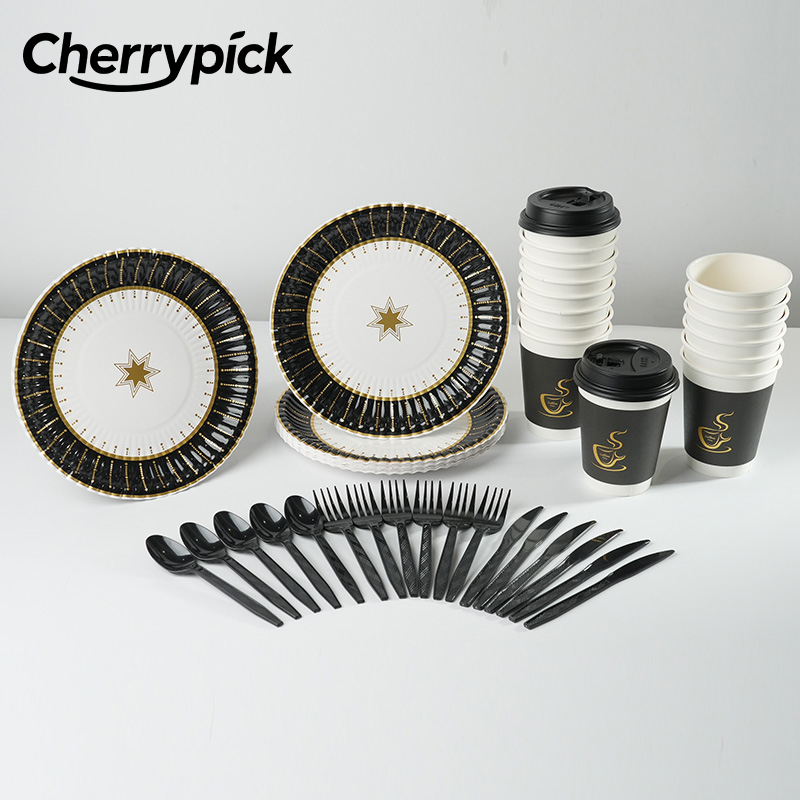 10pcs Black Gold Disposable Tableware Paper Plates Cup Black Forks Spoons Knifes Dinner Plates Birthday Wedding Party Tableware