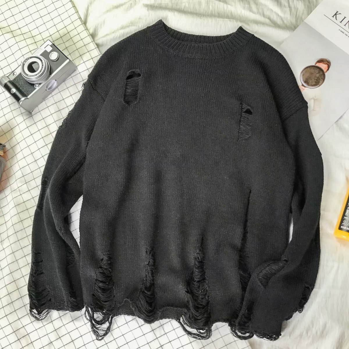 Høstgenser herre solid strikkegenser mannlig kausal revet uthullet gensere streetwear hip hop pullover topper